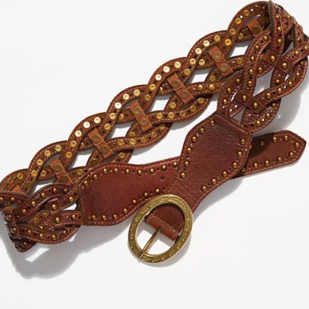 Free People Brown Leather Belt with Gold Accents
